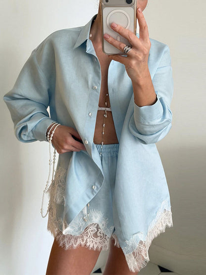 Lace-Trim Resort Shirt & Shorts Set