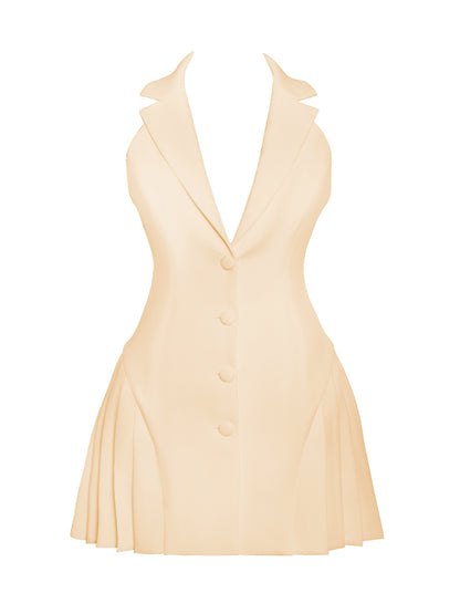 Reyna Beige Backless Charming Pleated Mini Blazer Dress