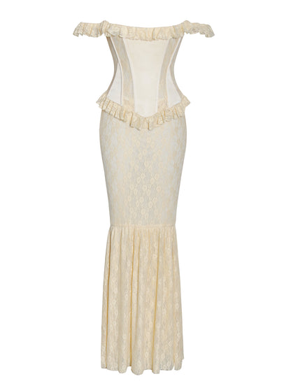 Ersilia Pale Yellow Satin Lace Trendy Peplum Corset Off Shoulder Maxi Dress