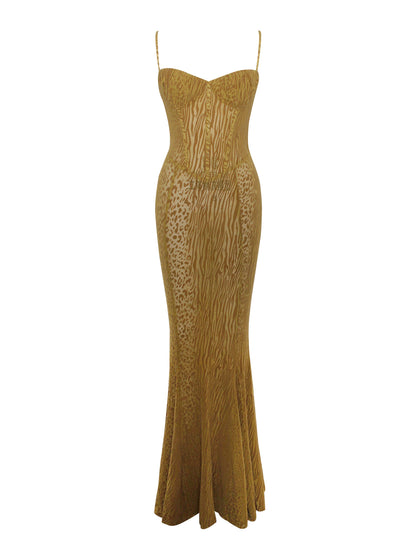 Ulani Gold Burnout Velvet Graceful Detail Mesh Maxi Dress