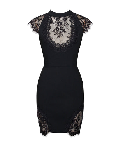 Quinella Black Lace Charming Crepe Backless Mini Dress