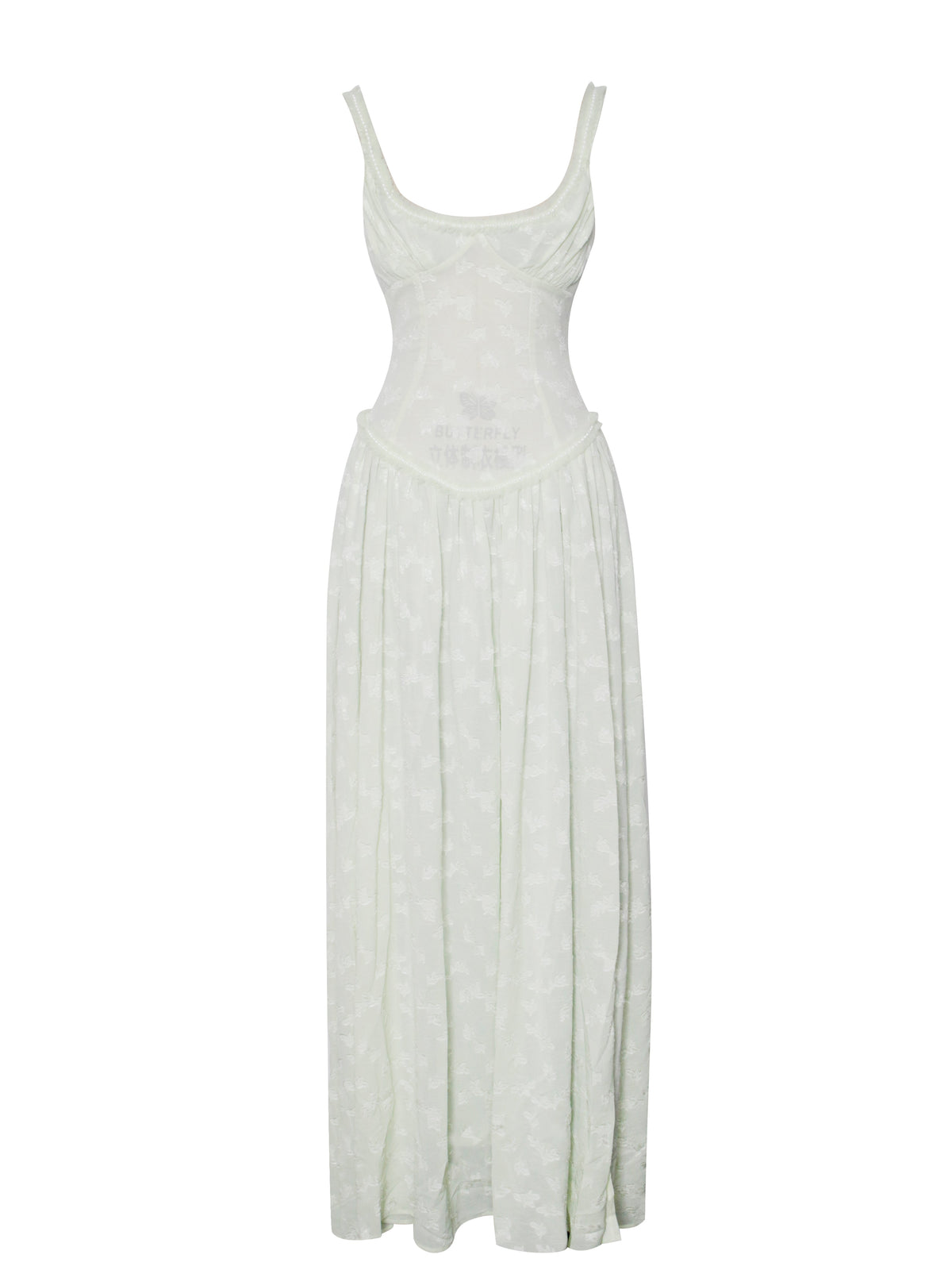 Ulissa Light Green Square Neck Trendy Jacquard Textured High Slit Maxi Dress