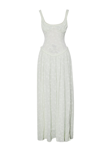 Ulissa Light Green Square Neck Trendy Jacquard Textured High Slit Maxi Dress