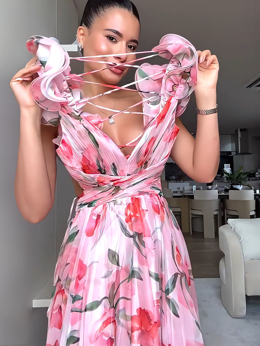 Blossom Lace-Up Chiffon Dress