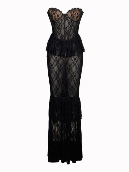 Quennell Black Lace Charming Corset Maxi Dress