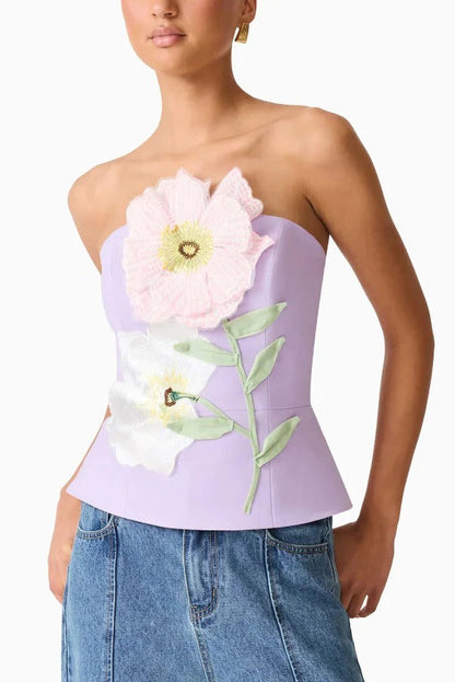 Create Beauty Flower Appliques Off Shoulder Tailored Waist Tank Top