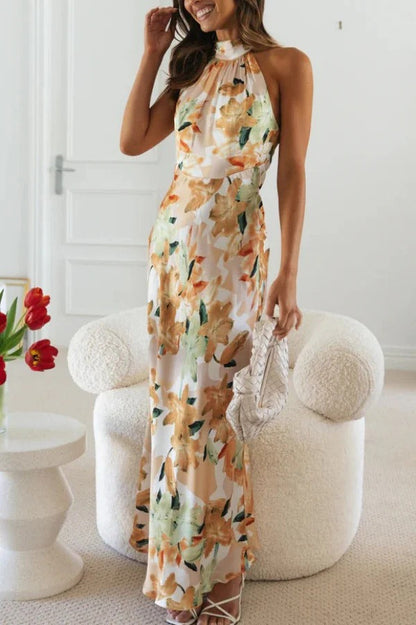 Floral Print Sleeveless Halter Neck Tie Holiday Maxi Dress