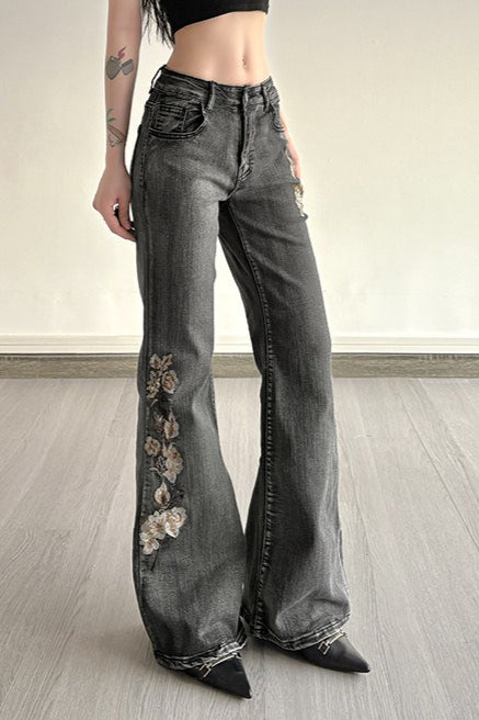 Sequin Embroidered Low Rise Wide Flare Leg Jeans