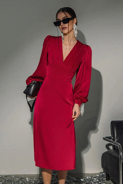 Satin Puff Sleeve Deep V Neck Pleated Bodice Mermaid Midi Dress