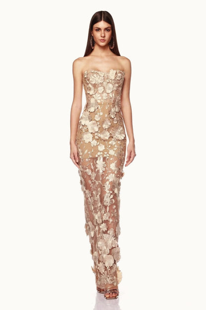 Elegant Strapless 3D Floral Embroidery Floral Dress