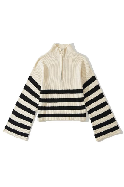 Turtleneck Zipper Striped Cardigan Sweater