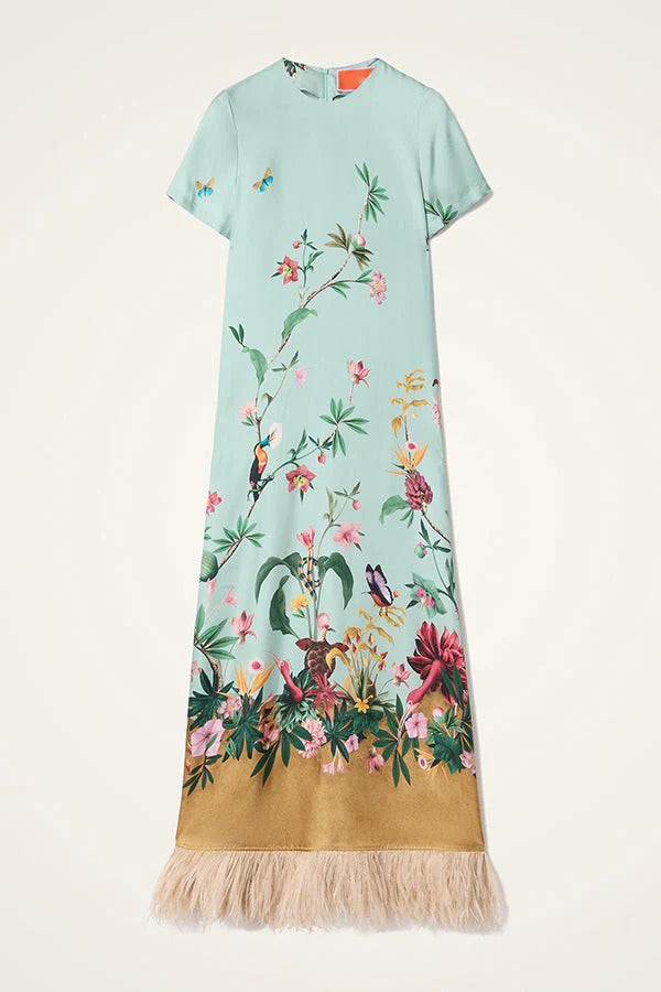 Mezcal Satin Floral Print Contrast Color Printed Short Sleeve Pocket Feather Trim Maxi Dress