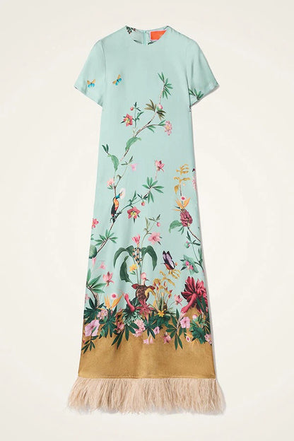 Mezcal Satin Floral Print Contrast Color Printed Short Sleeve Pocket Feather Trim Maxi Dress