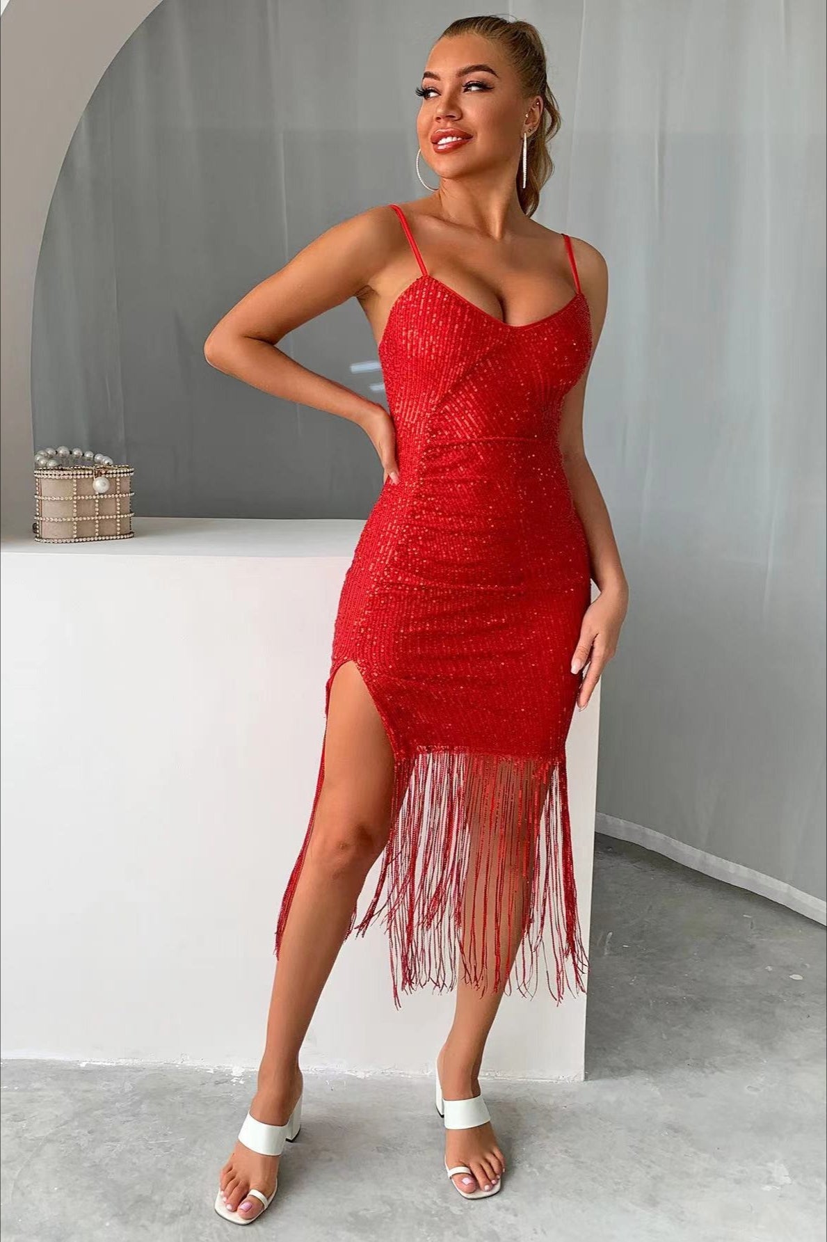 Slim V Neck Tassel Sequin Dress
