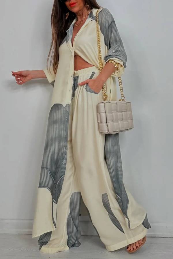 Color Block Vertical Stripe Print Long Shirt Cardigan & Elastic Waist Wide Leg Pants 2 Piece Set