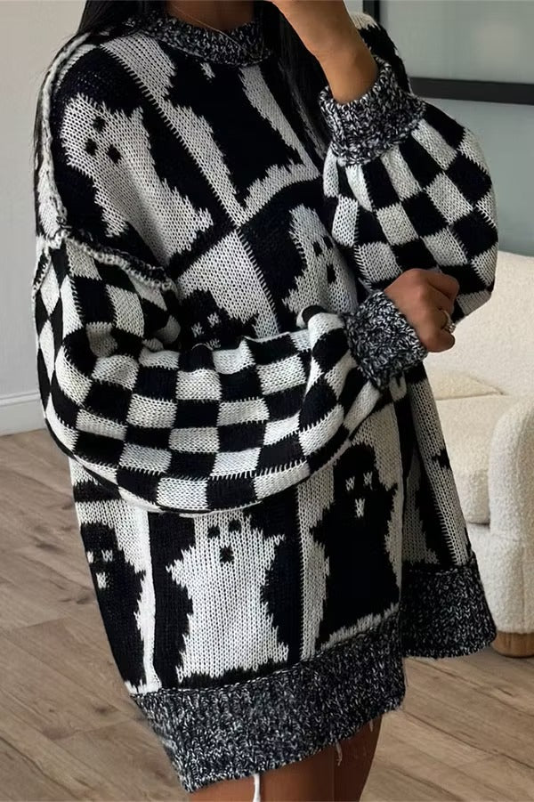 Halloween Ghost & Checkerboard Oversized Knit Sweater