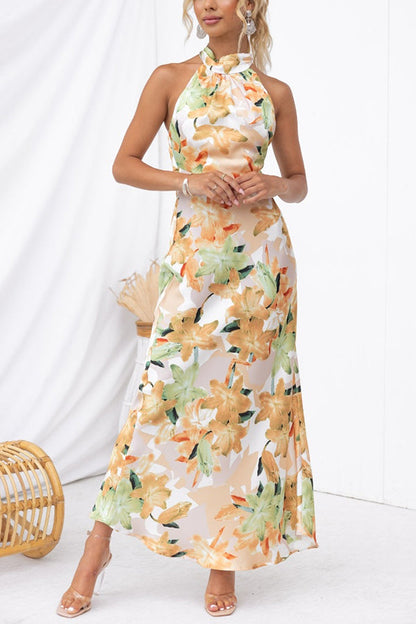 Floral Print Satin Halter Neck Sleeveless Column Maxi Dress