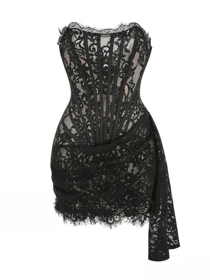 Lace Strapless Corset Eyelash Trim Draped Sash Mini Dress