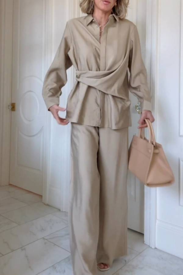 Cross-waist shirt and wide-leg pants suit