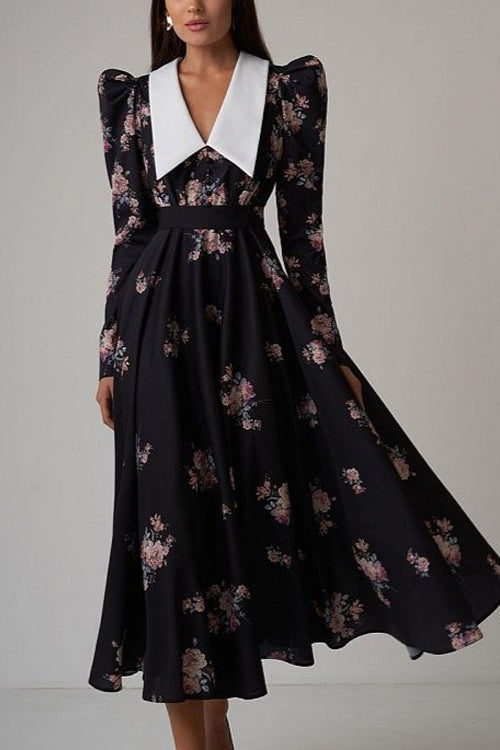 Flared Vintage Print Slim Waist Floral Maxi Dress