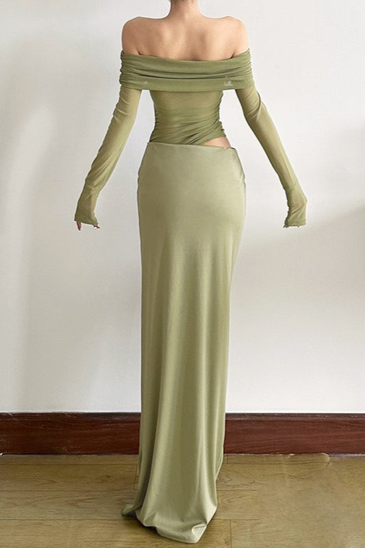 Off Shoulder Sheer Tulle Mesh Slim Fit Elegant Prom Dress
