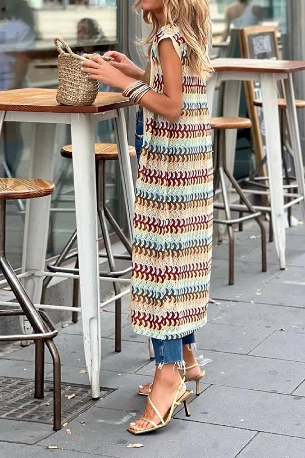 Colorful Striped Knitted Sleeveless Long Cardigan
