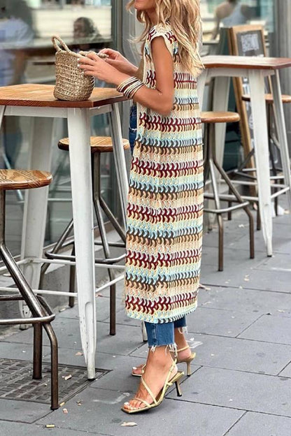 Colorful Striped Knitted Sleeveless Long Cardigan