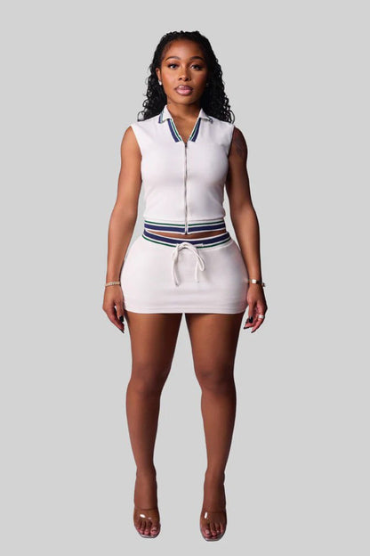 Polo Collar Stretch Fit Top Ruched Mini Skirt Set