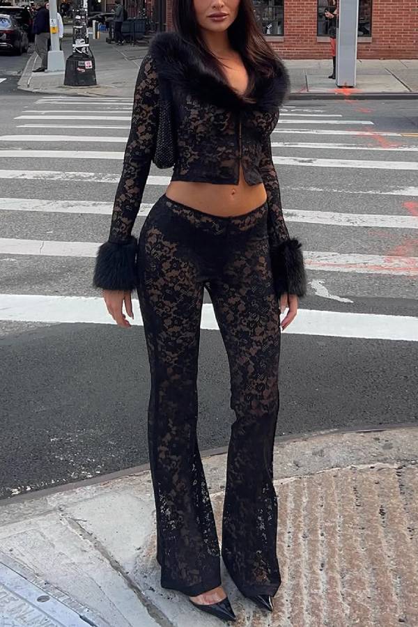 Faux Fur Collar Lace Crop Top & Flare Pants Two‑Piece Set