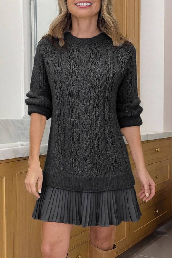 Cable Knit Pleated Chiffon Hem Two Piece Look Sweater Dress