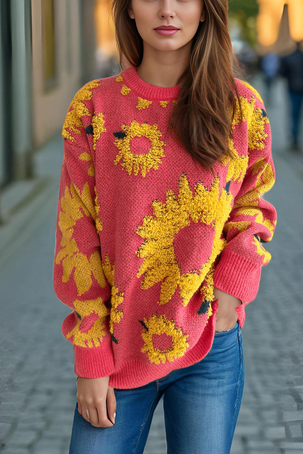 Sunflower Jacquard Crewneck Long Sleeve Knit Pullover Sweater