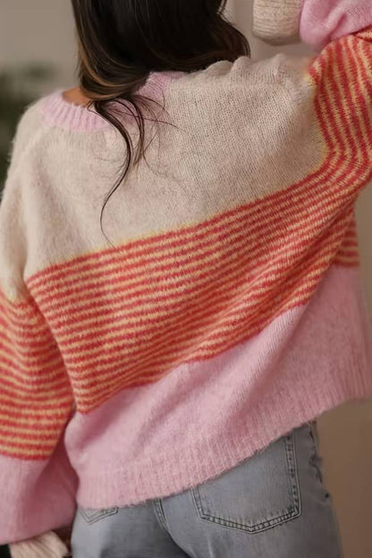 Color‑Block Stripe Cropped Mohair Knit Cardigan