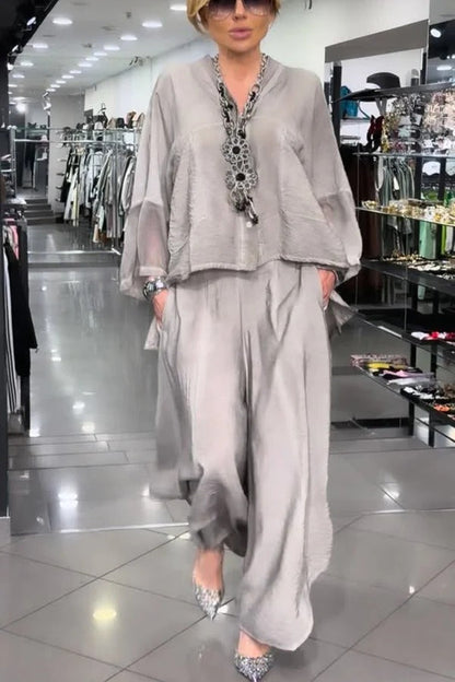 Melissa V-neck Sheer Batwing Sleeve Loose Blouse and Elastic Waist Pocketed Bell Hem Pants Set