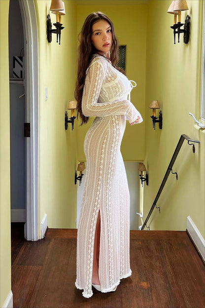 V Neck Long Sleeve Split Lace Dress