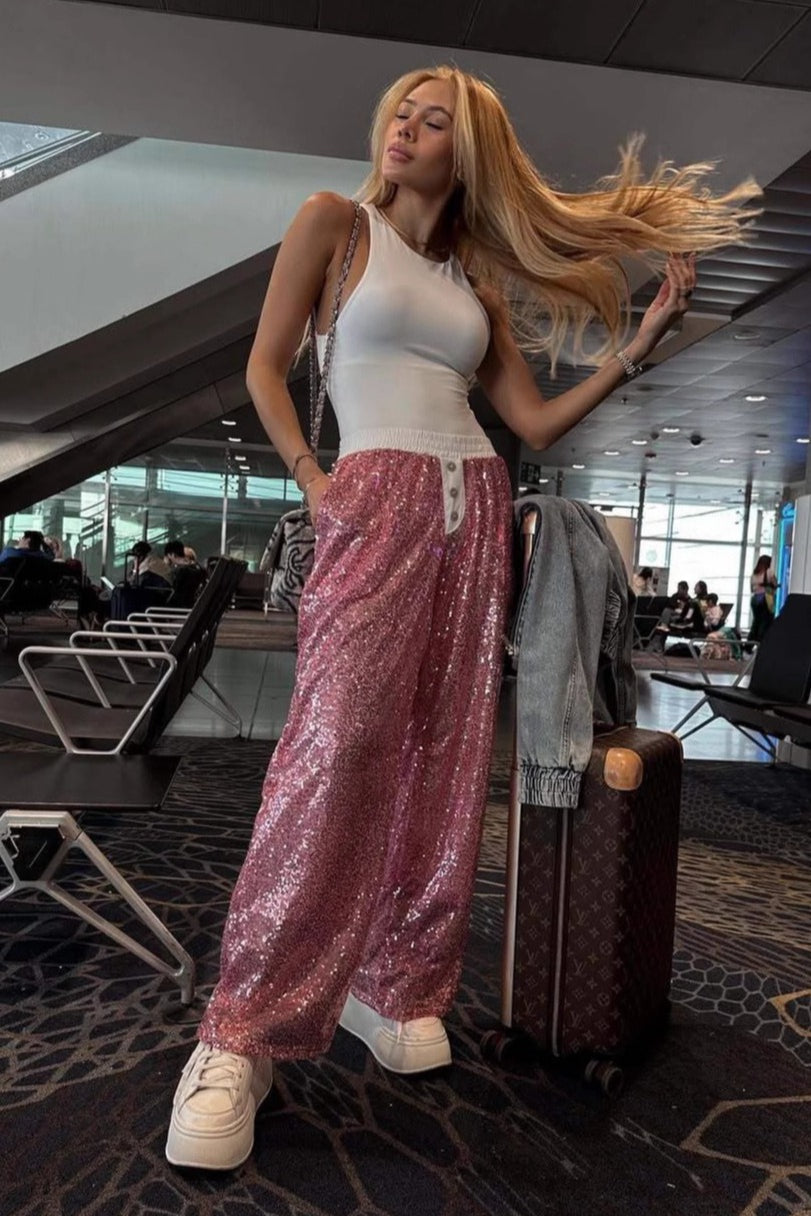 Sequin Color Block Slim Loose Pants