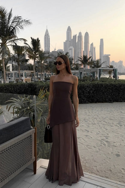 Strapless Structured Bodice Choker Neck Layered Sheer Chiffon Maxi Dress