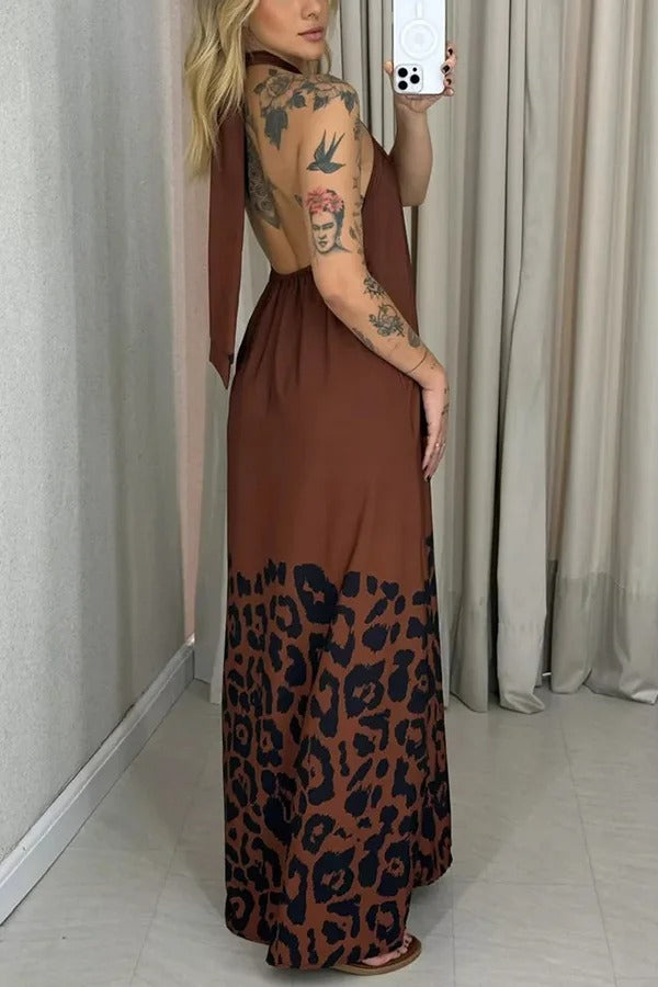 Leopard Print Sexy Halter Neck Backless Loose Maxi Dress