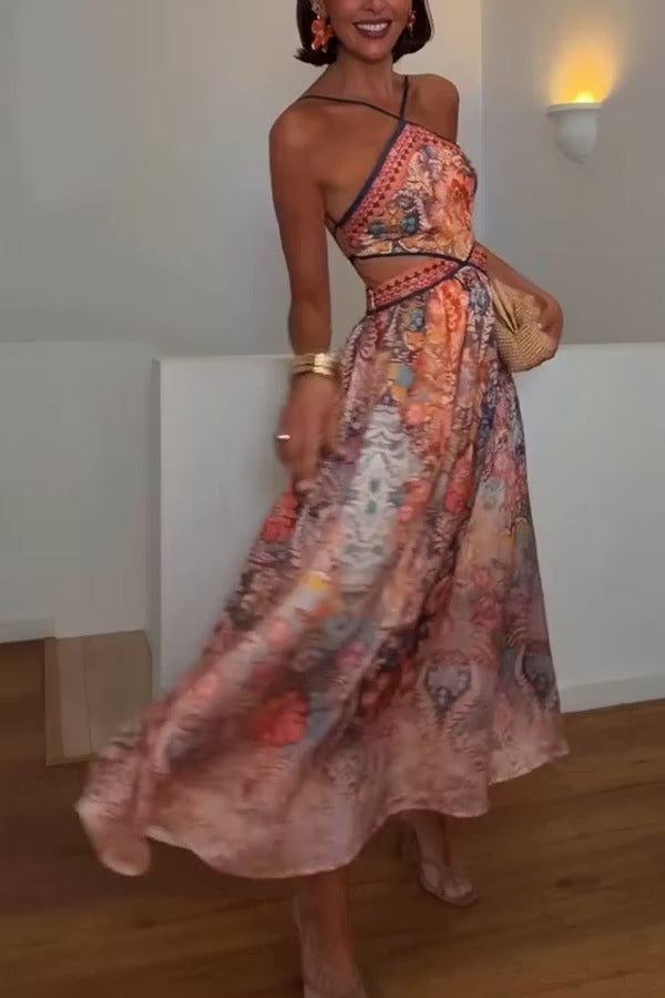Casie Colorful Floral Print Dress Cutout Waist Back Lace-up Halter Maxi Dress