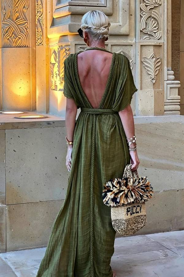 Greek Style Linen Blend Draped Braids Kimono Cover Up Slit Maxi Dress