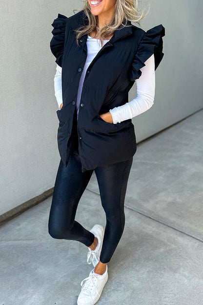 Casual stand-up collar, buttoned double pockets, flying ruffled sleeves vest