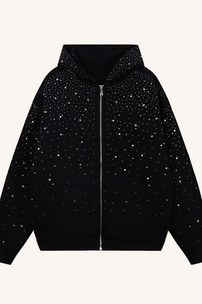 Trendy Rhinestone Air Layer Zip Black Oversized Hoodie