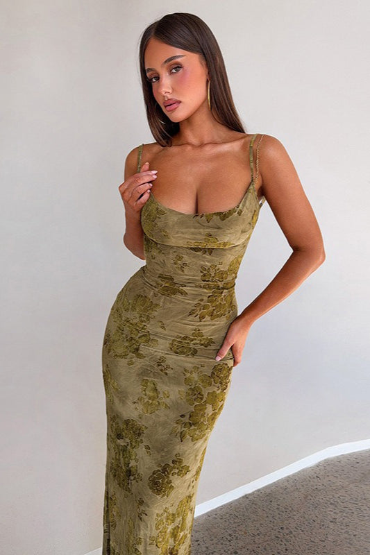 Tie Dye Backless Chain Patchwork Slim Long Floral Dress