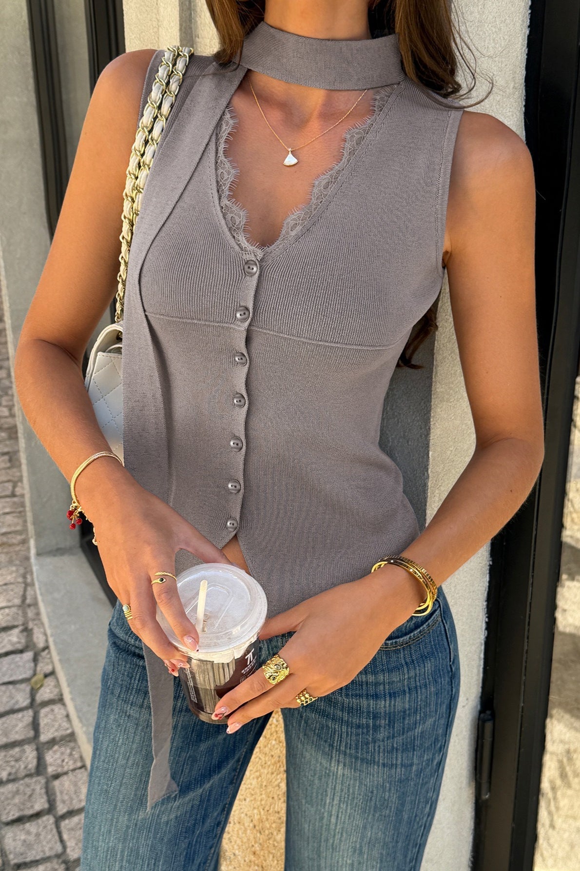 Grey Lace V Neck Button Knit Tank Top