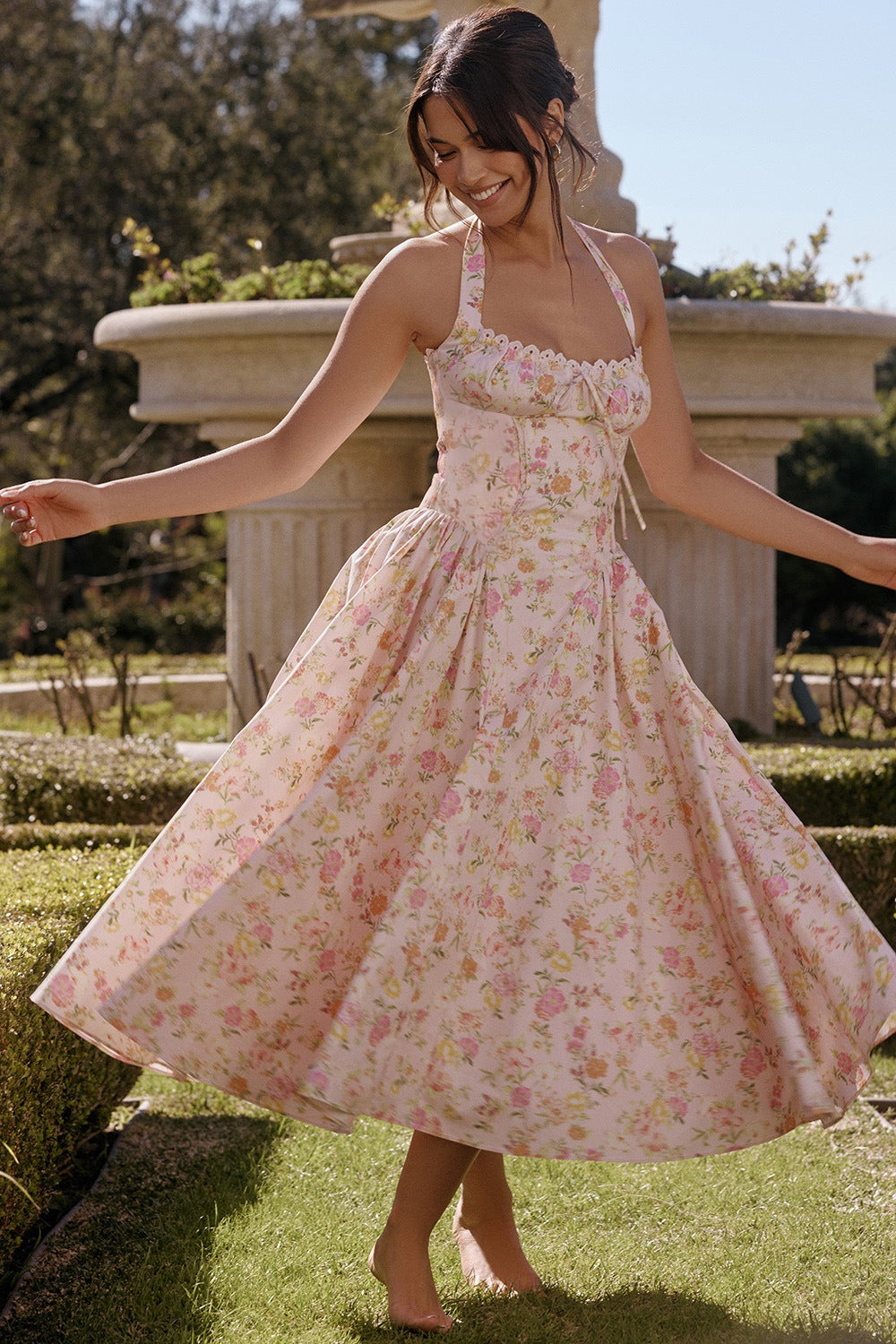 Halter Neck Slim Strap Floral Dress