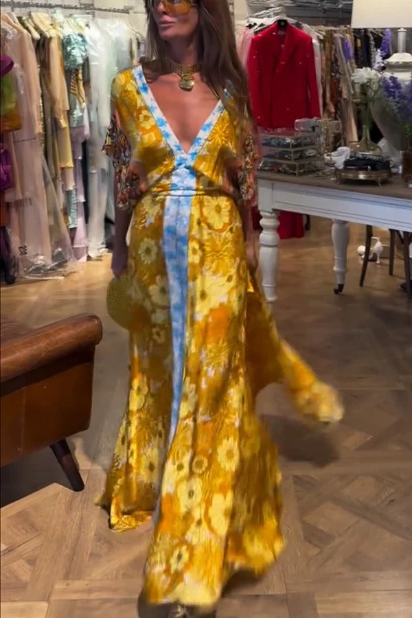 Boho Color-blocked Floral Print Wide Sleeve Tie-up Waist Pocket Maxi Dress