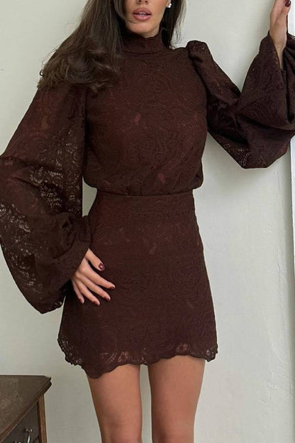 Multi-Color Lace High Neck Puff Sleeve Top & Skirt Set