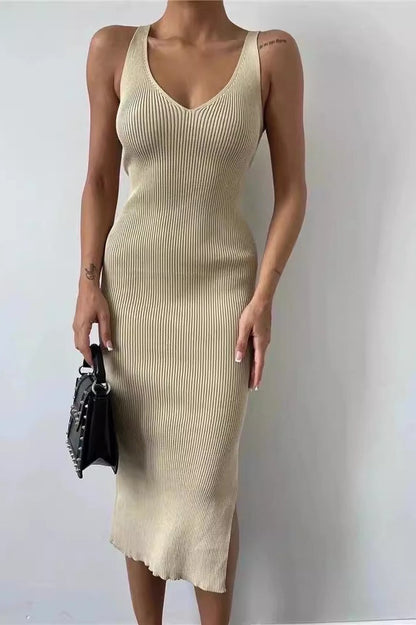 Ribbed Knit Deep V-Neck Side Slit Bodycon Midi Sweater Dress