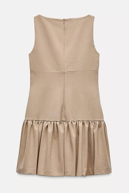 Velvet Bow Trim Drop Waist Gathered Pleated Mini Dress