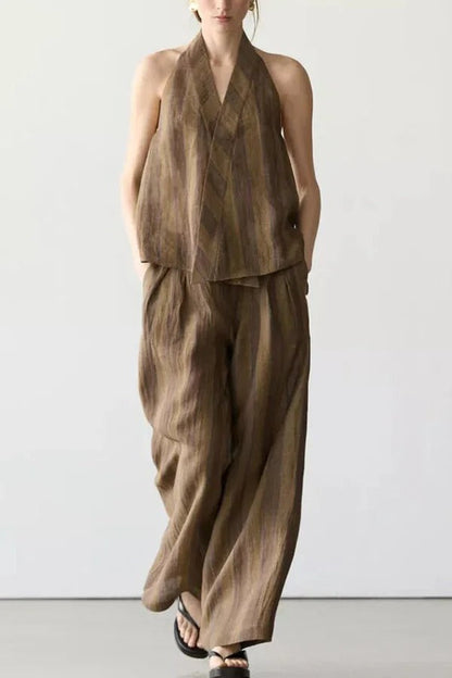 Aloof Style Striped Linen Blend Halter Vest and High Rise Button Pocket Wide Leg Pants Set