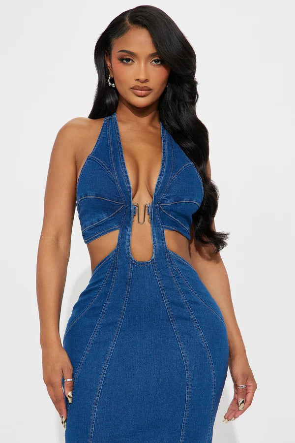 Halter Wrap Denim Dress